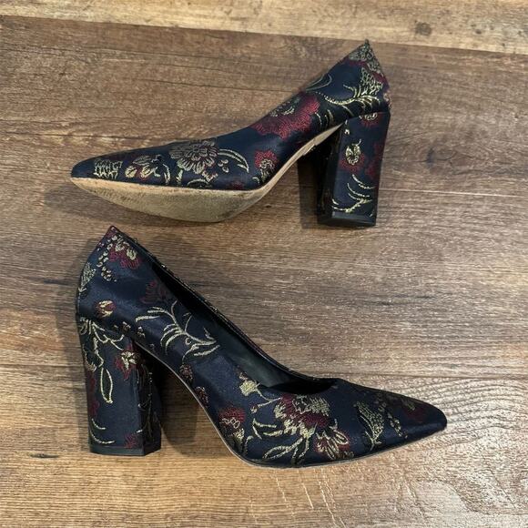 Antonio Melani Embroidered Silk Floral Block Pumps Heels Gold Glam Sz 8.5 - Picture 6 of 9